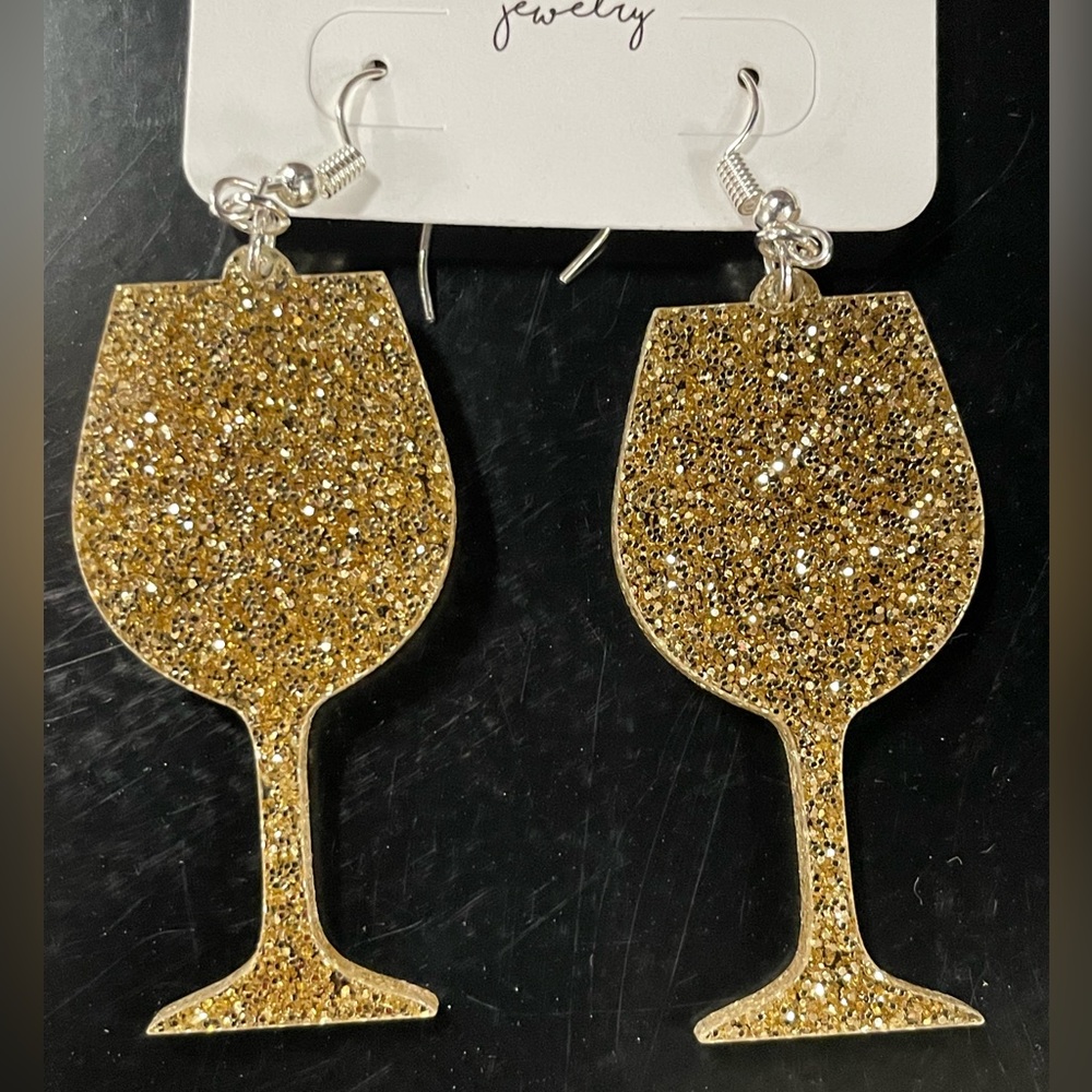 Gold Glitter Laser Cut Wine Glass Earrings